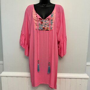 Tina Pink Embroidered Boho Bell Sleeve Peasant Dress, Size Large